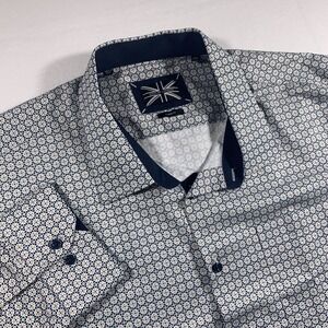 Soul of London Mens 3XL White Blue Geo Long‎ Sleeve Button Up Flip Cuff Shirt